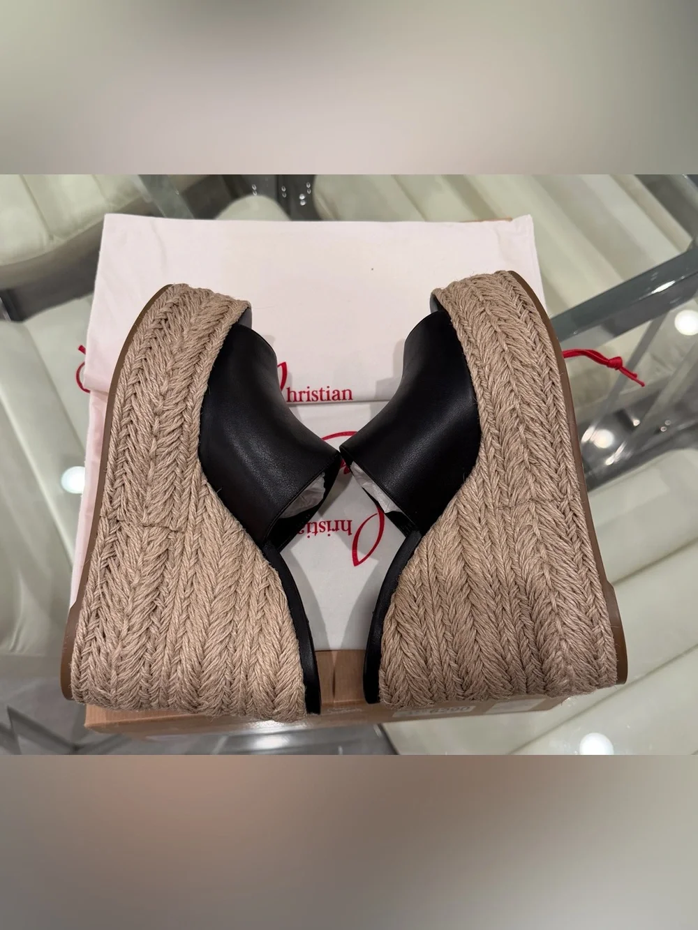 Christian Louboutin Black Leather Espadrille Wedge Sandals with Red Sole